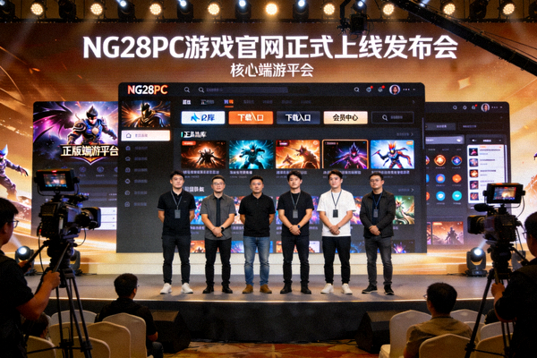 NG28PC游戏官网正式上线发布会现场图片，展示正版端游平台界面与核心团队