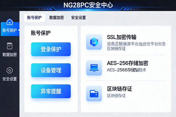 NG28PC正版端游平台安全中心界面截图，展示账号保护与数据加密技术