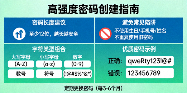 创建高强度密码的视觉指南，展示密码组合建议