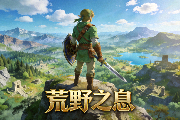 动作冒险类3A游戏《荒野之息》封面图，展示主角在广阔开放世界中的场景