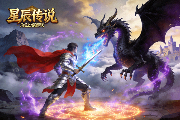 角色扮演游戏《星辰传说》宣传图，展示奇幻世界中的英雄与巨龙