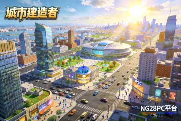 模拟经营游戏《城市建造者》在NG28PC平台上的游戏画面，展示繁华的城市景观