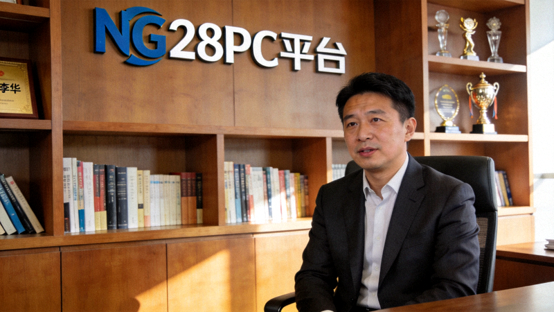 NG28PC平台负责人李华先生坐在办公室接受专访的半身肖像照片，背景为书架和NG28PC平台Logo