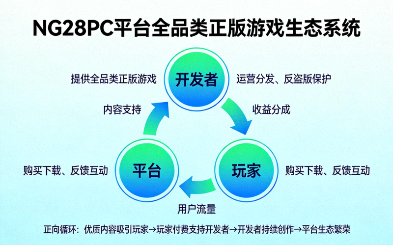 NG28PC平台全品类正版游戏生态系统示意图，展示开发者、平台、玩家之间的正向循环关系