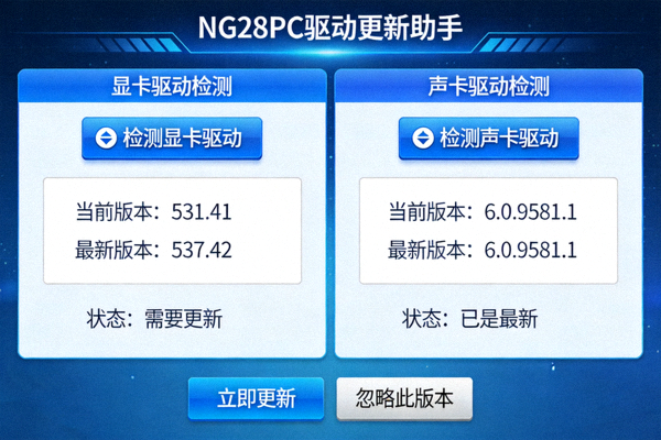 NG28PC驱动更新助手界面，展示显卡与声卡驱动检测功能