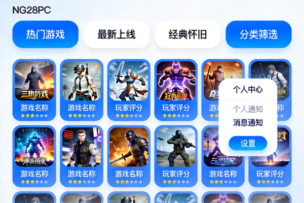 NG28PC游戏平台主界面截图，展示清晰分类的游戏库和用户友好的设计