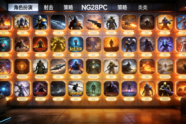 NG28PC游戏平台游戏库全景截图，展示角色扮演、射击、策略等全品类游戏图标墙