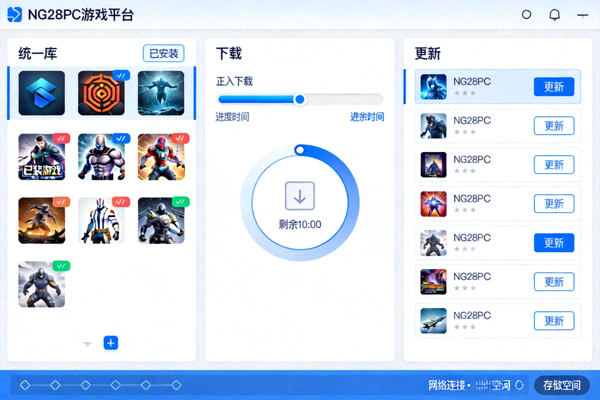 NG28PC游戏平台一站式管理界面截图 - 统一库、下载、更新功能
