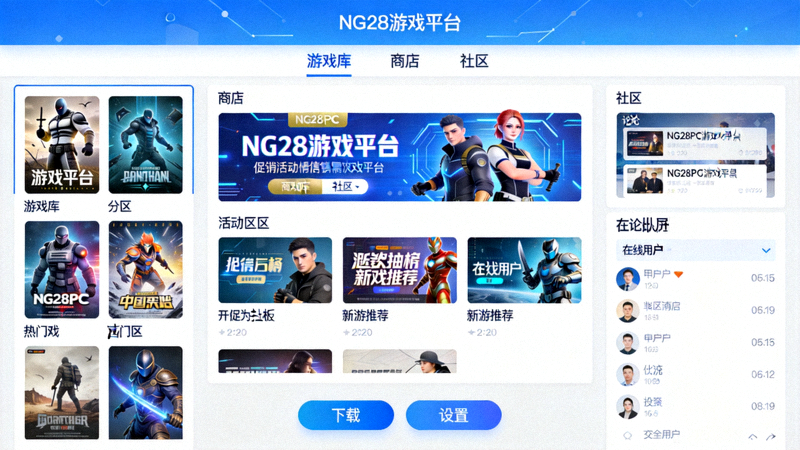 NG28PC游戏平台主客户端界面截图，展示游戏库、商店及社区功能
