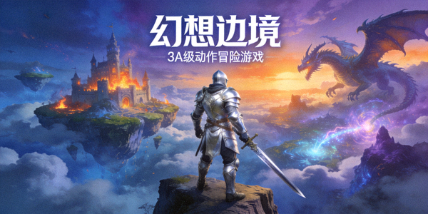 新增3A级动作冒险游戏《幻想边境》宣传海报，展示主角与宏大的奇幻世界场景