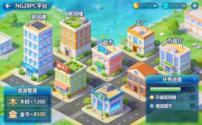 一款模拟经营类游戏在NG28PC平台上的建设画面，展示丰富的建筑与管理系统